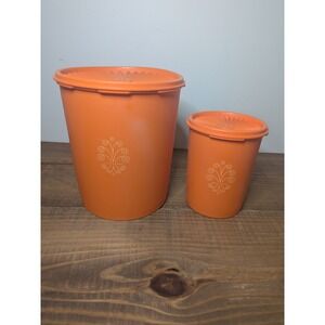 2 Vintage 1970s Tupperware Servalier Canisters Orange w/ Lids Retro Nesting